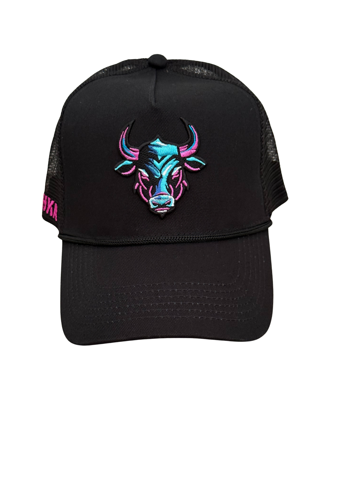 Black Trucker Cap Pink Blue Bull