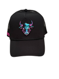 Black Trucker Cap Pink Blue Bull