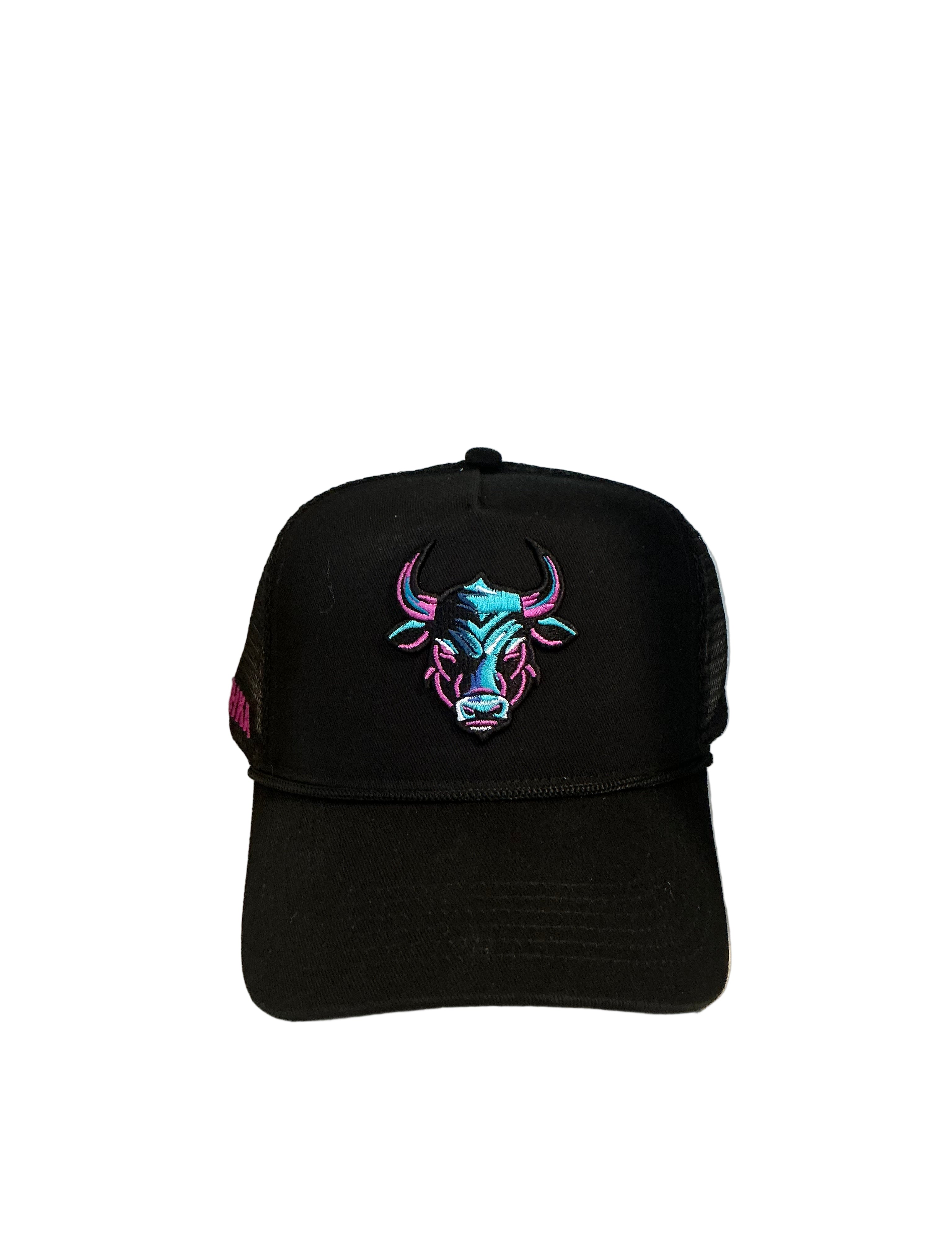 Trucker Cap - BLACK w pink and blue bull