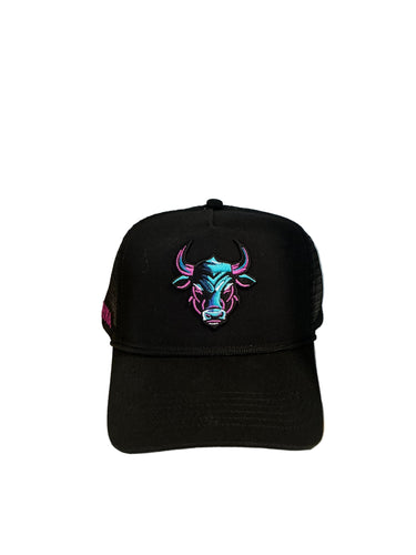 Trucker Cap - BLACK w pink and blue bull